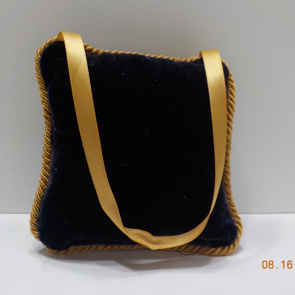 Vintage Very Small Midnight Blue Velvet Pillow (16) Gold Tone Twisted Cord Trim