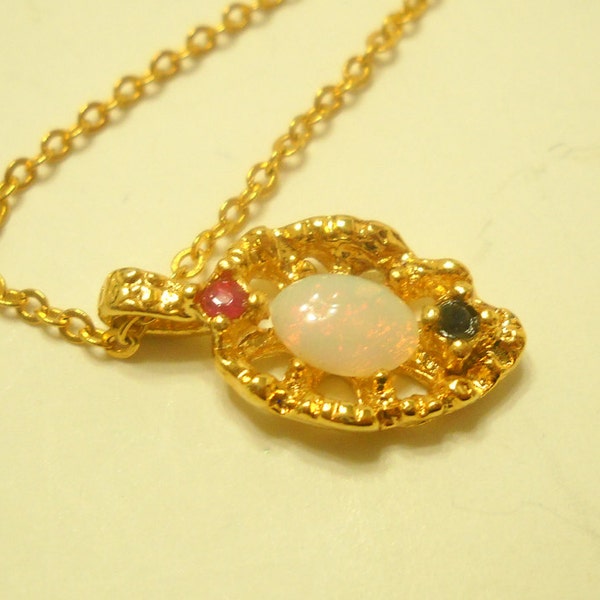 Vintage Gorgeous Faux Fiery Opal Pendant Necklace (4912) With A Ruby Red & Dark Blue Rhinestone