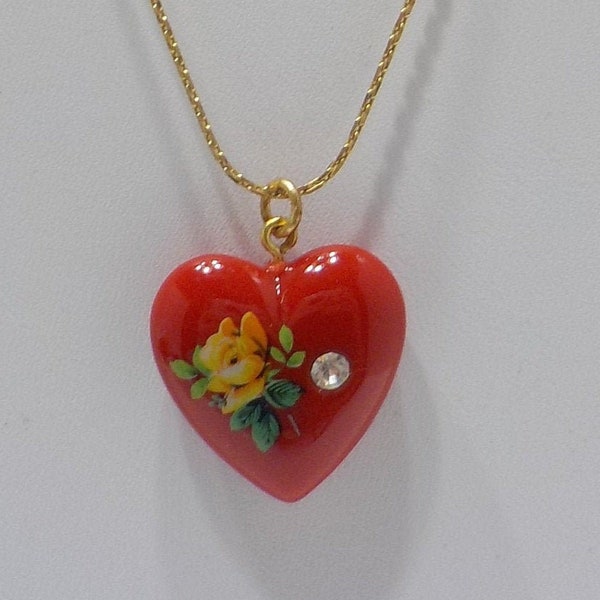 Vintage Heart Pendant Necklace (270) Yellow Rose Decal & Rhinestone