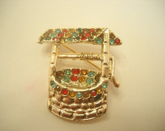 Vintage Floral Wishing Well Brooch Gold tone Faux Pearls and Rhinestone Flowered Wishing Well Brooch Delicate Wire work brooch