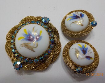 Vintage Hand Painted Demi Parure (6209) Blue Aurora Borealis Rhinestones