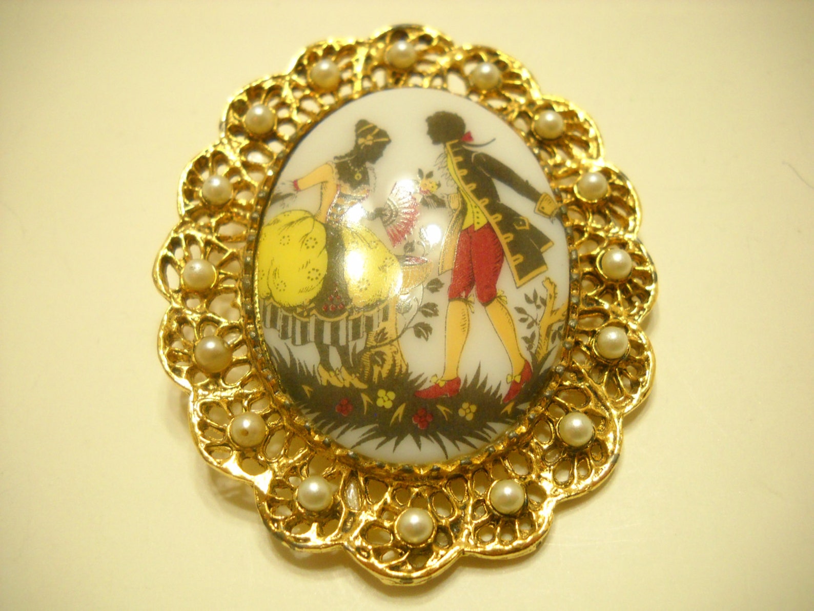 Vintage Milk Glass Brooch Rococo Scene Adorned With Faux Etsy