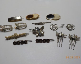 Vintage Lot Fourteen Barrettes (8393) Five Sets, Four Singles--Enamel, Rhinestones, Hearts, Wasps, Faux Pearls