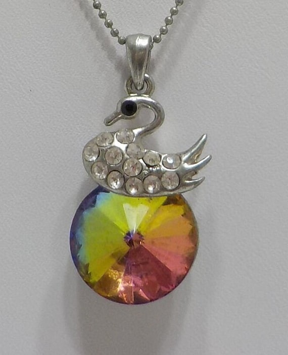 Vintage Rainbow Pendant Necklace (3559) Rhineston… - image 2