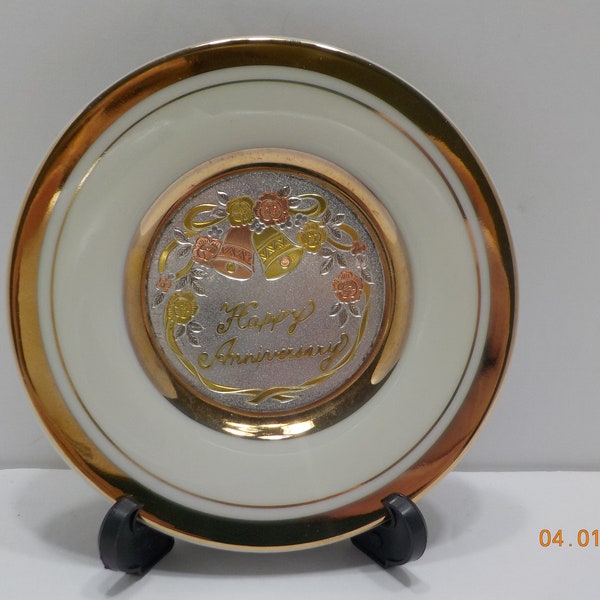 Vintage Chokin (16-D) Miniature Happy Anniversary Plate--24K Gold Edged--Roman--Japan--Stand Included