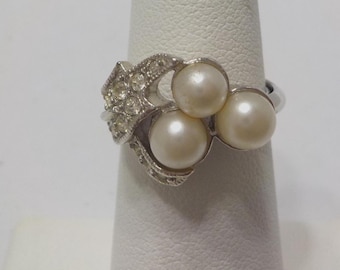 Vintage Avon Evening Splendor Faux Pearl & Rhinestone Ring (283) Size 5.5 With Adjuster
