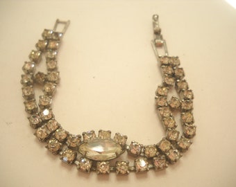 Vintage Double Strand Rhinestones Bracelet (1137)  Large Navette in Center
