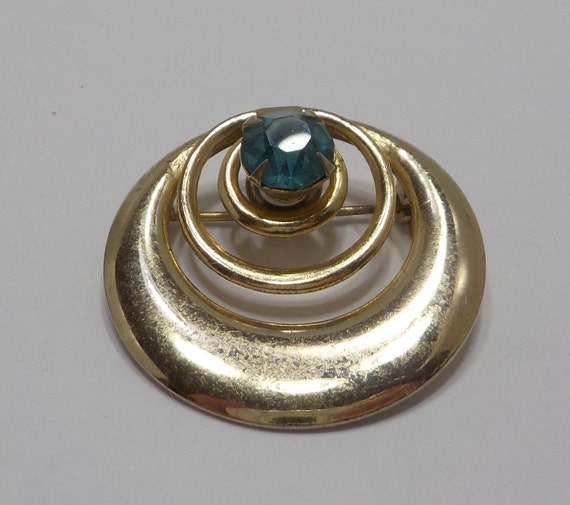 Vintage Gold Tone Brooch (4717) Blue Topaz Rhines… - image 2
