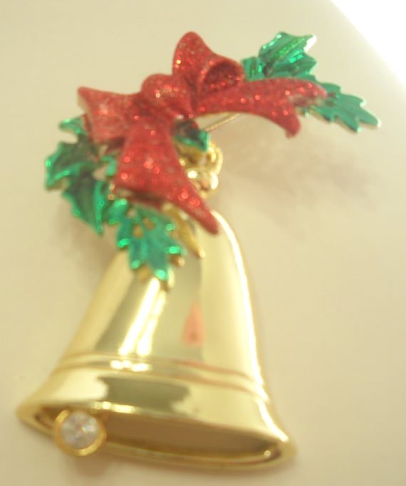 Vintage Large Christmas Bell Brooch (6017) Red Gl… - image 2