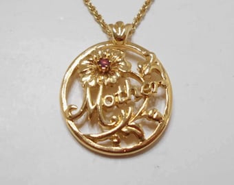 Vintage Avon &quot;Mother&quot; Pendant Necklace (684/7586) Rose Colored Crystal--October Birthstone