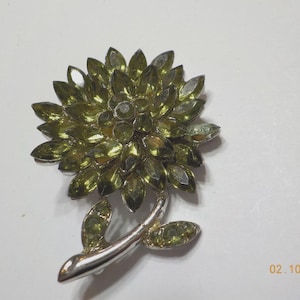 Vintage Lime Green Navette Rhinestone Flower Brooch (7925) One Rhinestone Replaced