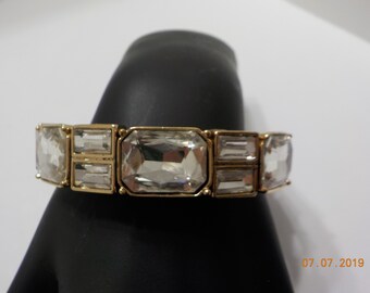 Vintage Gold Tone & Foil Back Rhinestone Magnetic Cuff Bracelet (969) Faceted Rhinestones