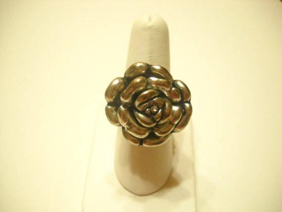 Vintage Silver Tone Rose Ring (5692) Rhinestone C… - image 2