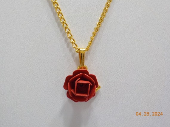 Vintage Red Rose Pendant Necklace (7996) 18" Chain - image 1