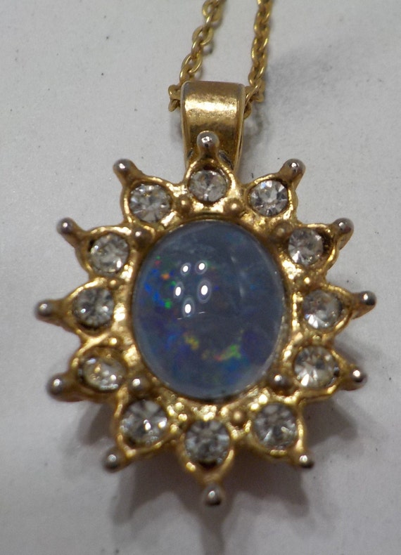 Vintage Faux Blue Fire Opal Pendant Necklace (423… - image 2