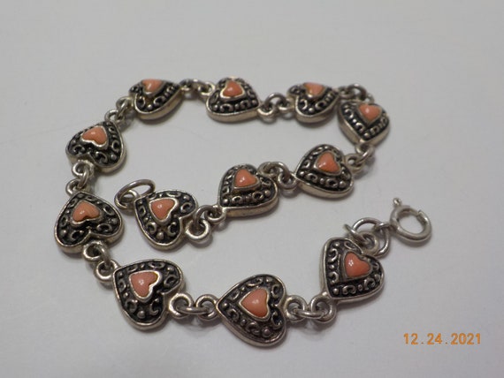 Vintage Sterling Heart Bracelet Adorned With Pink… - image 4