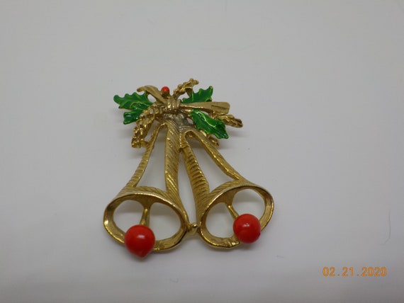 Vintage Double Gold Tone Christmas Bells Brooch (… - image 1
