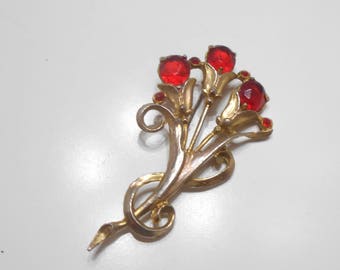 Gorgeous Vintage Red Crystal Floral Brooch (2607) Made In U.S.A.