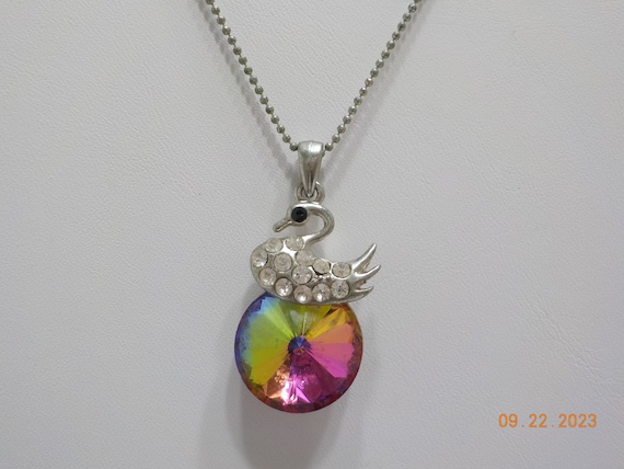 Vintage Rainbow Pendant Necklace (3559) Rhineston… - image 1