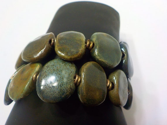 Vintage Flat Oval Stone Stretch Bracelet (2808) U… - image 1