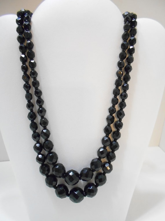 Vintage Double Strands Black Faceted Glass Beaded 