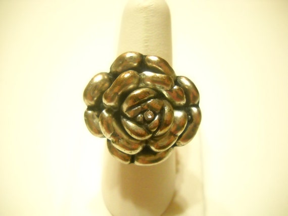 Vintage Silver Tone Rose Ring (5692) Rhinestone C… - image 1