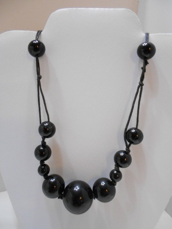 Vintage Black Plastic Beaded Necklace (6733) - image 1