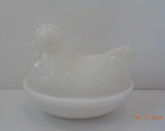 Vintage Small White Milk Glass Hen On Nest (2) Criss-Cross Nest--Unsigned