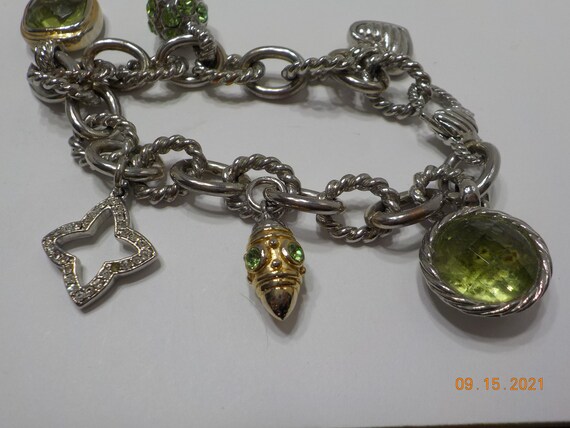 Vintage Silver Tone & Lime Green Charm Bracelet (… - image 3