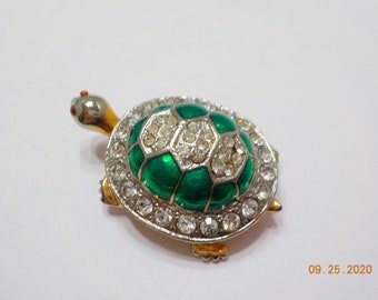 Gold Tone And Enamel Turtle Brooch, Clear Rhinestones (6114) Red Rhinestone Eyes