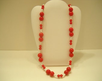 Vintage 24" Bright Red & White Beaded Necklace (1567)