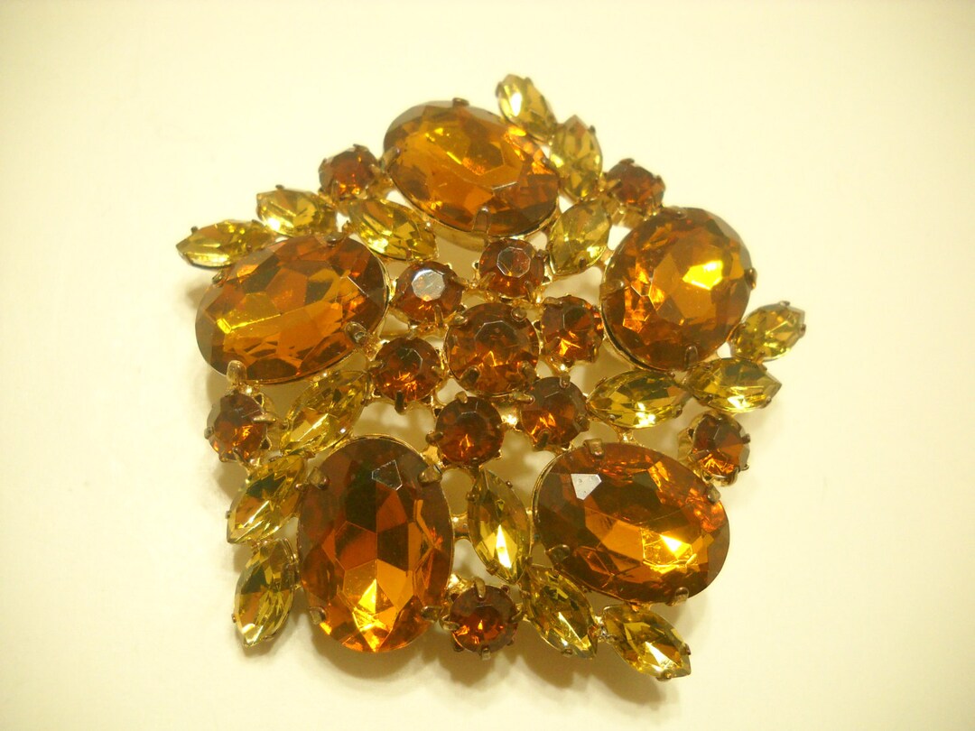 Broche Vintage Française Années 50-60 - Strass En Verre Turquoise Et Doré - Métal Argenté - Occasion