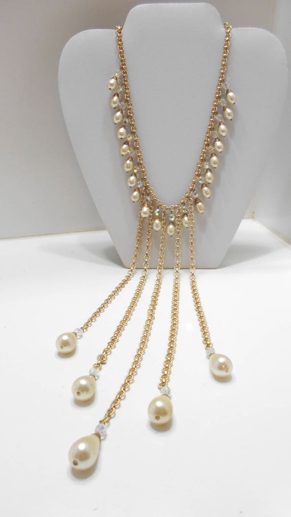 Gorgeous Vintage Crystal & Faux Pearl Dangling Nec