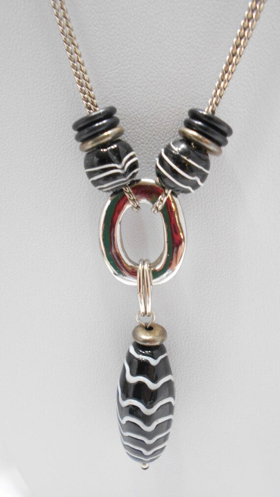 Vintage Black Glass Dangling Pendant Necklace (50… - image 2