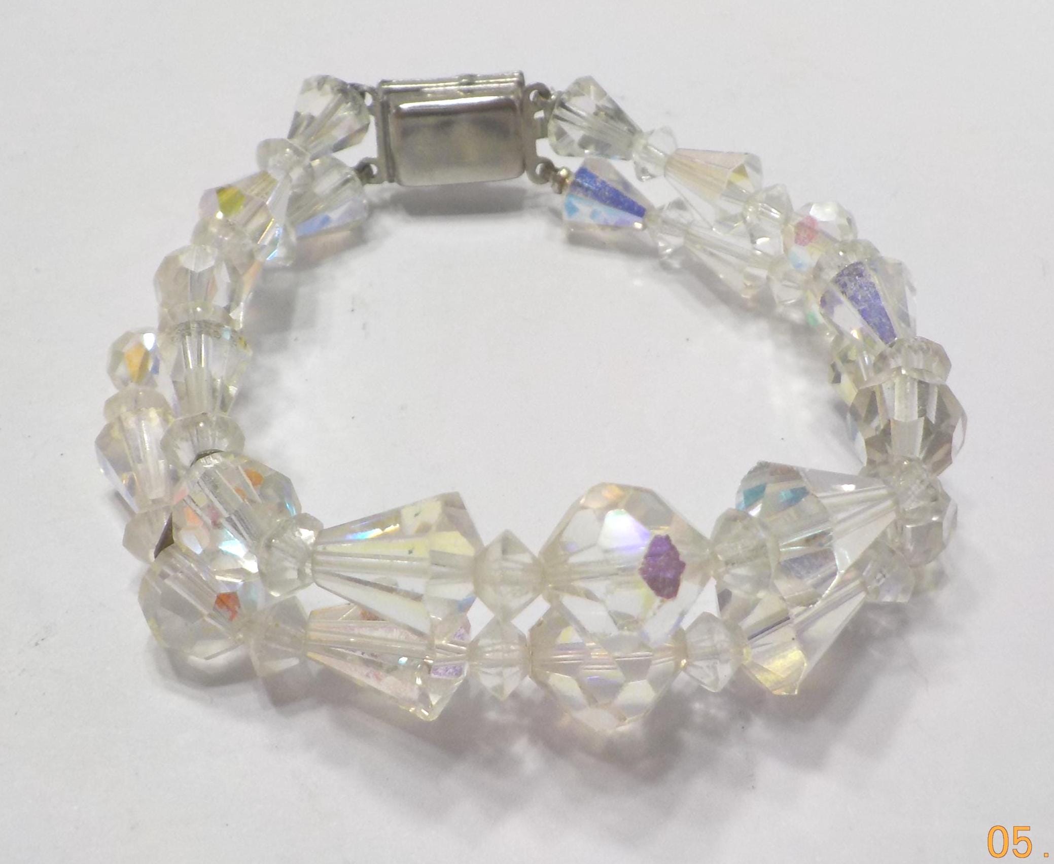 Vintage 1960s AB Crystal Beaded Bracelet, Double Strand, Iridescent Austrian, 7\