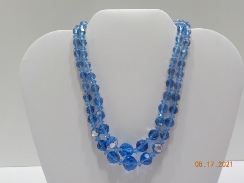 Hook Fastener Vintage Double Strand Blue Crystal Choker Necklace 9372
