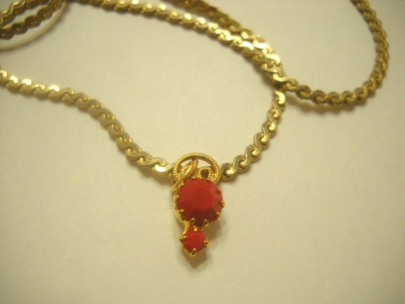 Vintage Gold Tone Double Red Beaded Choker Neckla… - image 3