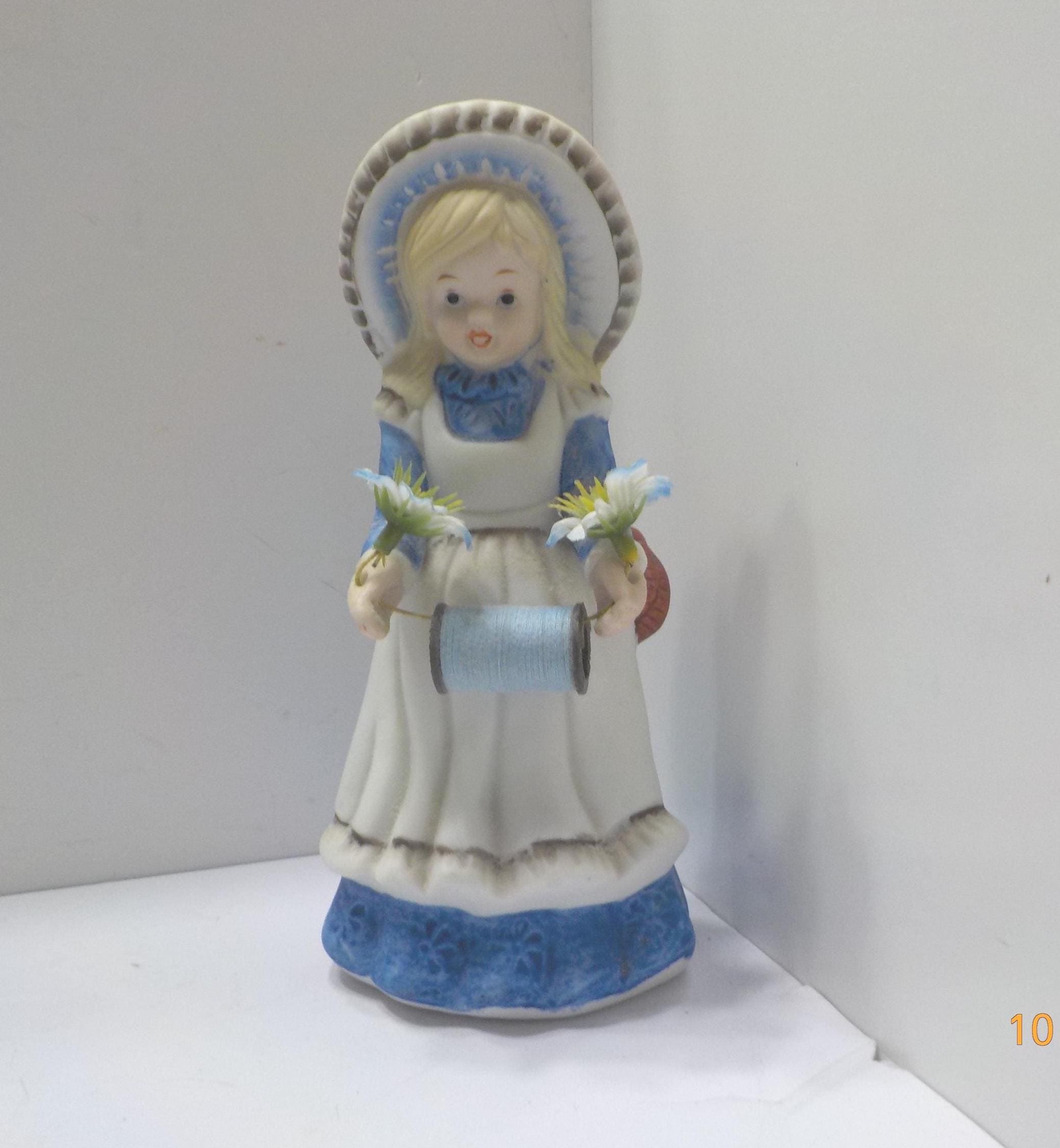 Vintage Ceramic Girl Figurine With Spool of Thread, Pin Cushion
