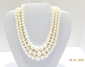 Vintage Faux Pearl, Triple Strands Necklace (9573) Choker Necklace