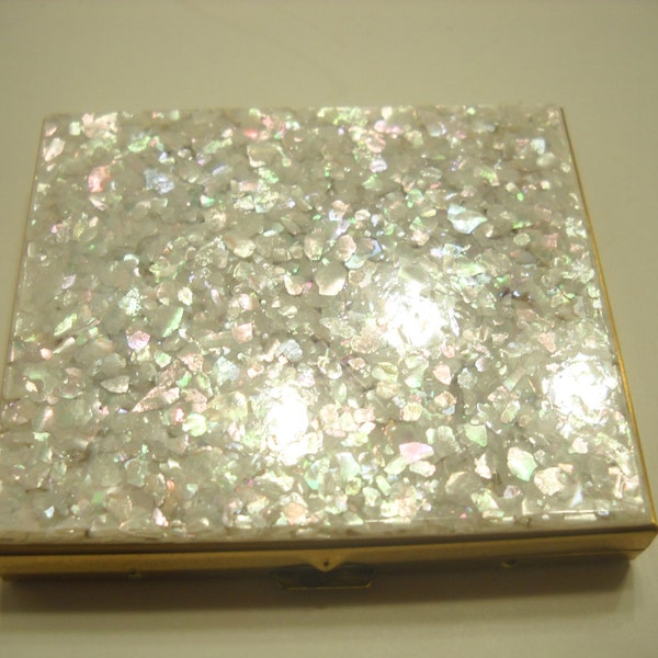 Vintage doré articulé Compact, mère de perle couvercle pailleté