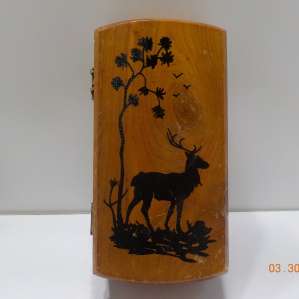 Vintage Hinged Wooden Souvenir Box (24) Seven Point Buck On Lid
