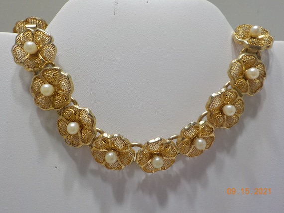 Vintage Gold Tone & Faux Pearl Choker Necklace (4… - image 1