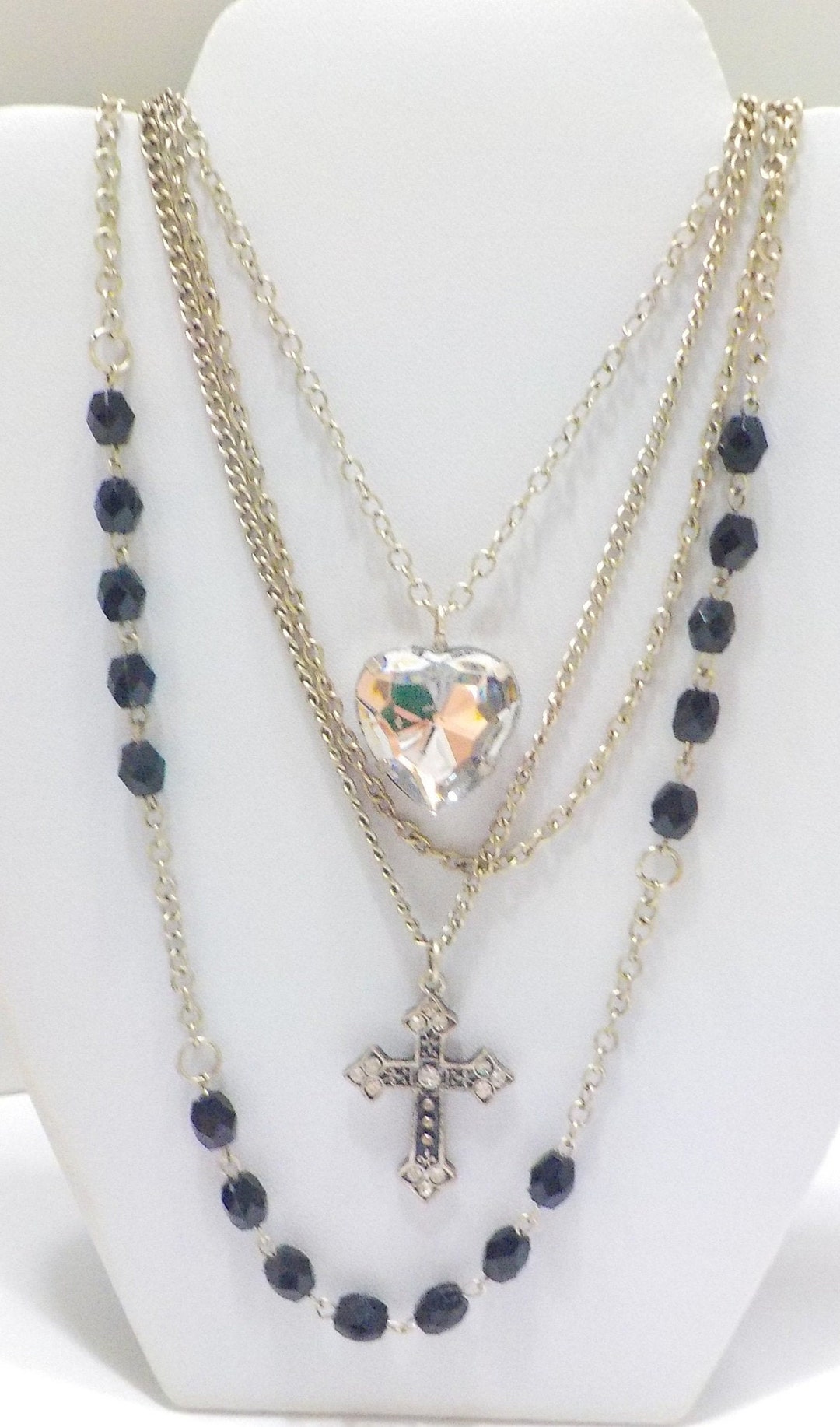 Vintage Four Strands Cross & Rhinestone Heart Necklace (8760) Cross ...