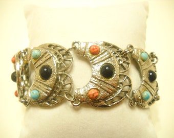 Vintage Faux Coral & Faux Turquoise Silver Tone Link Bracelet (5321)