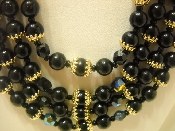Gorgeous Four-Strand Black Beaded Necklace (2935)… - image 1