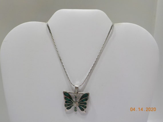 Vintage Sterling & Chrysocolla Butterfly Pendant … - image 3
