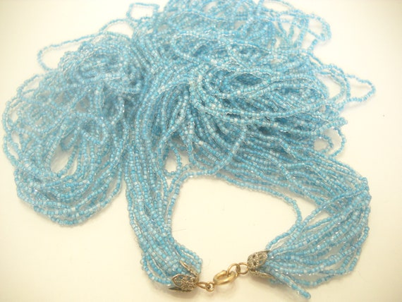 Vintage 40" Tiny Light Blue Glass Beaded Necklace… - image 3