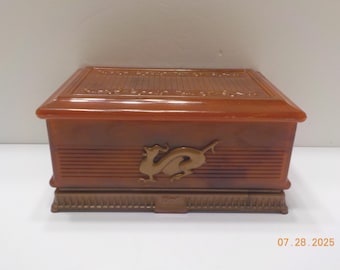 Vintage Deltah Oriental Plastic Jewelry Box--Dragons On Front & Sides--Yellow Satin Lining