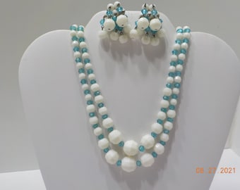 Vintage Double Strands Blue & White Plastic Demi Parure (3604) Choker and Clip Earrings Set--W. Germany