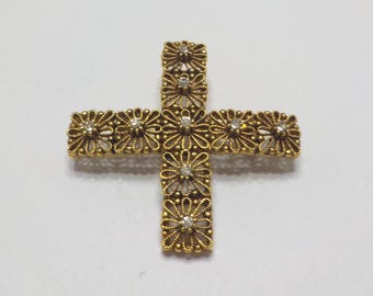 Vintage Gold Tone & Rhinestone Cross Brooch (3787) Tiny Faceted Rhinestones